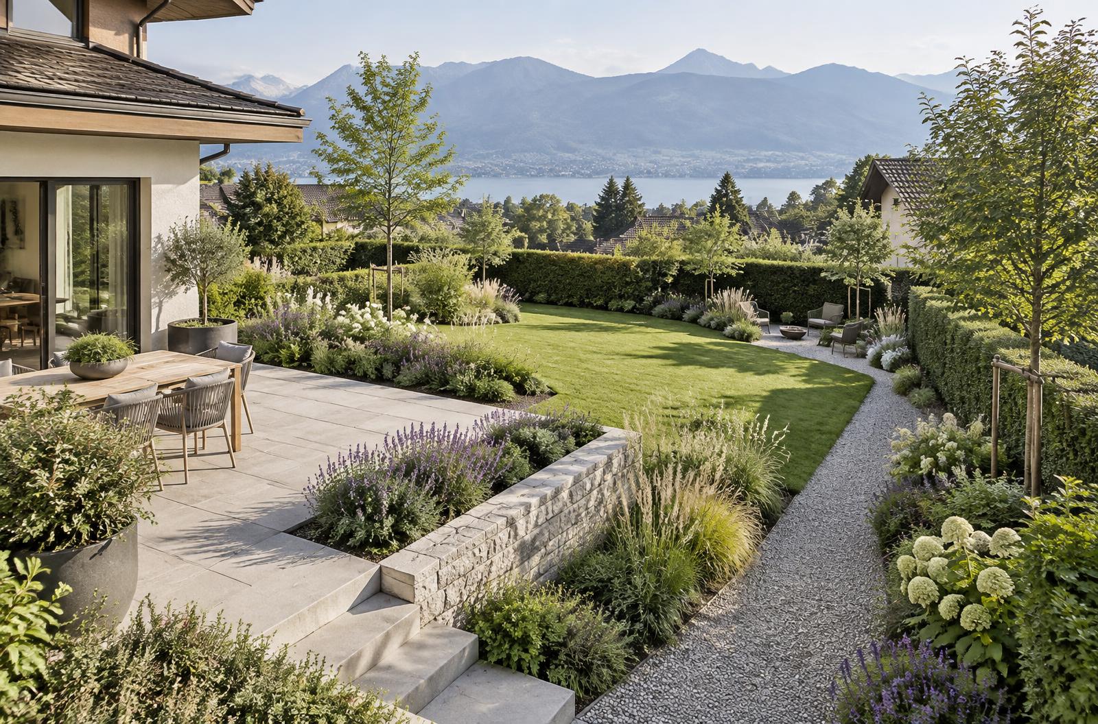 Gartenkomposition aus Bepflanzung, Naturstein, Wegen und Aufenthaltsbereichen