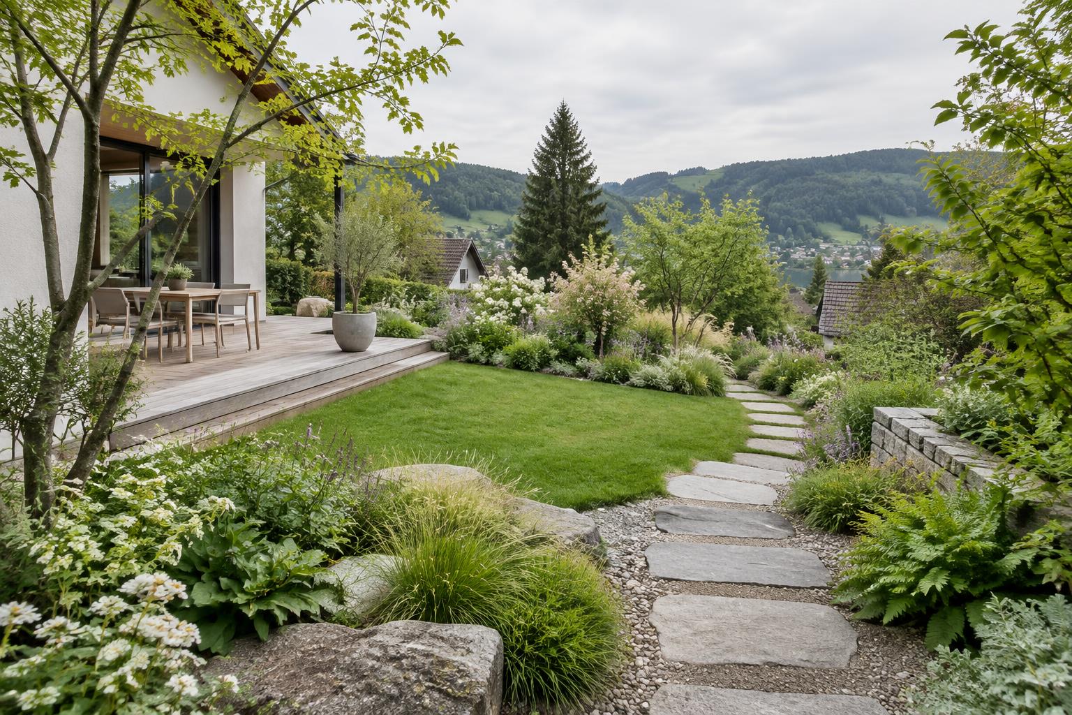 Zeitgemässer Garten mit Natursteinweg, Stauden und Terrasse im Zürcher Oberland
